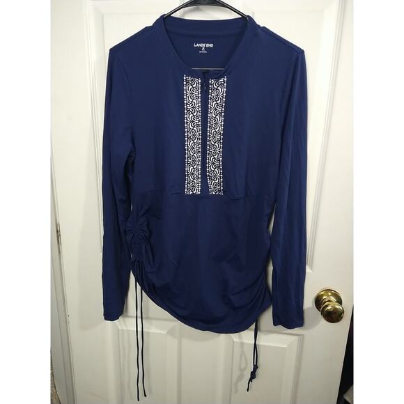 Lands Ends Woman M Swimsuit Coverup Navy Blue Zip White Embroidered Trim Long... - Picture 1 of 10
